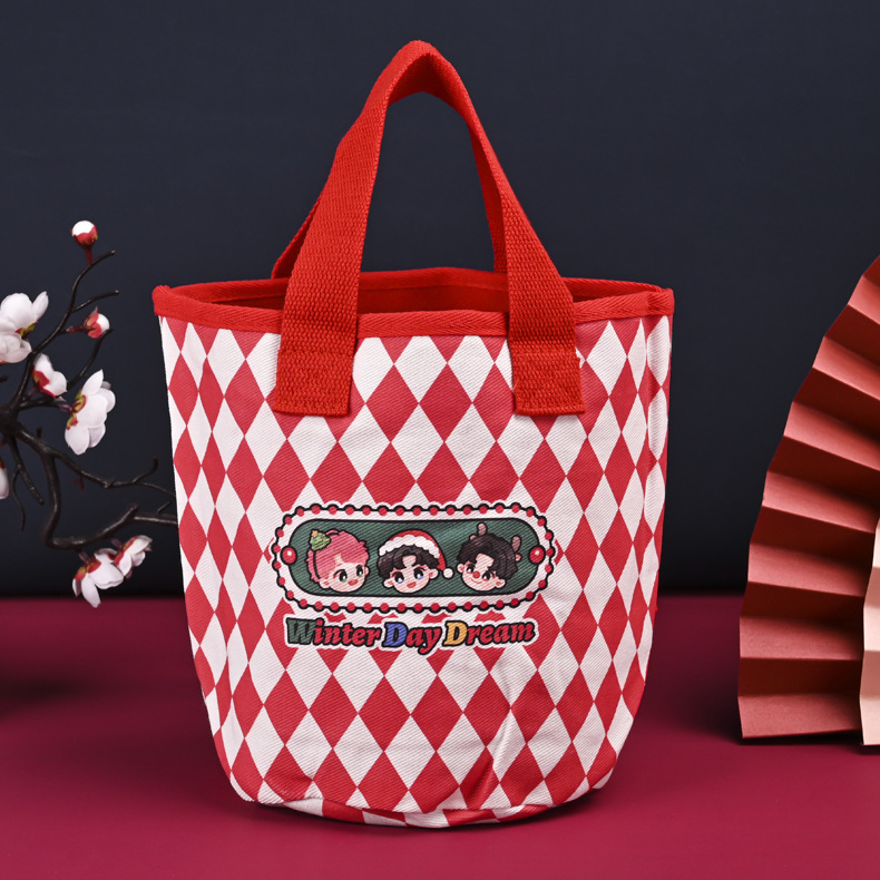 可爱水桶型手提帆布包少女心便当包外出小拎包