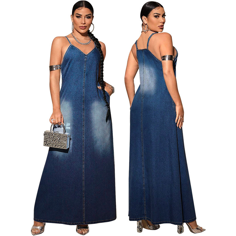 218579 Cross-Border Women's New Denim Suspender Long Fitted Dress Source Factory Direct Sales