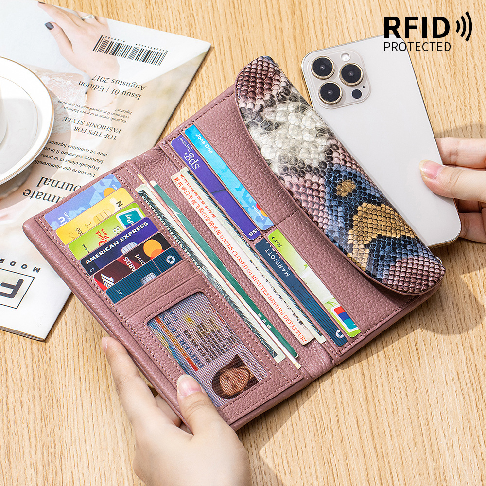 New Genuine Leather Women's Wallet Luxury Large Capacity Tri-fold RFID Soft Leather Snake-print Clutch - Thumbnail 3