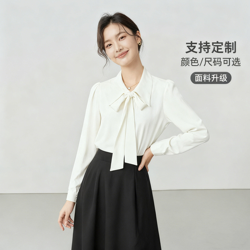 White Chiffon Shirt for Women, Petite Workplace Shirt, Elegant Work Clothing, Professional Elegant and High-End Bow Top