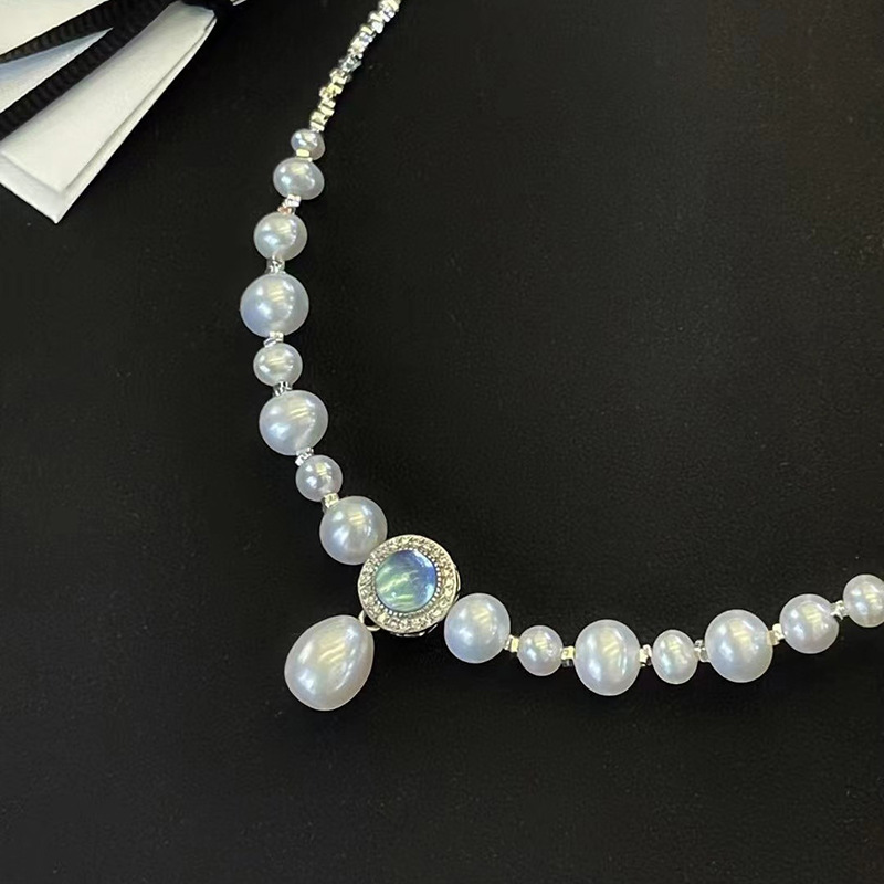 海蓝宝吊坠碎银子珍珠项链s925纯银时尚轻奢天然淡水珍珠锁骨链女