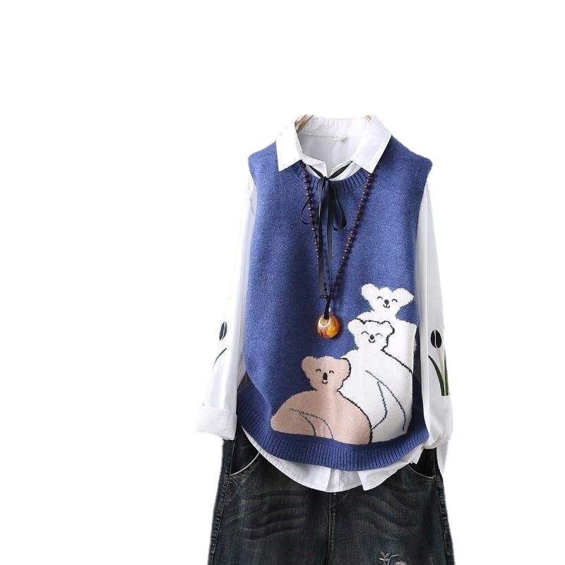 Chaleco de las mujeres de punto cuello redondo chaleco Chaleco Corto oso suéter chaleco Otoño e Invierno superior suéter de las mujeres ropa de mujer suelta image 6