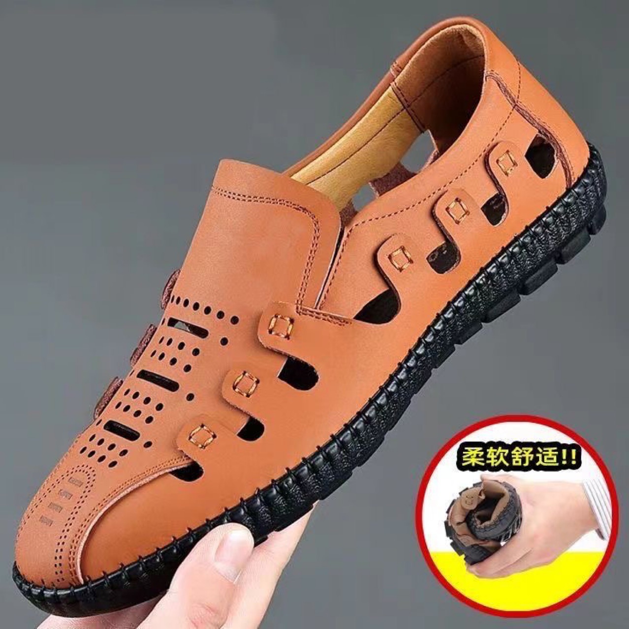 Cross-Border Men's Sandals 2024 Summer New Style Hollow Hole Shoes Breathable Sandals Slip-On Casual Sandals for Men