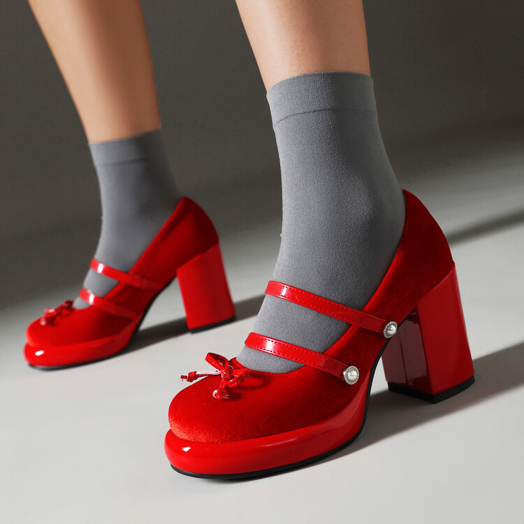 Gold Velvet Pearl bow cute Mary Jane shoes 2024 foreign trade new round toe thick bottom chunky heel women's shoes