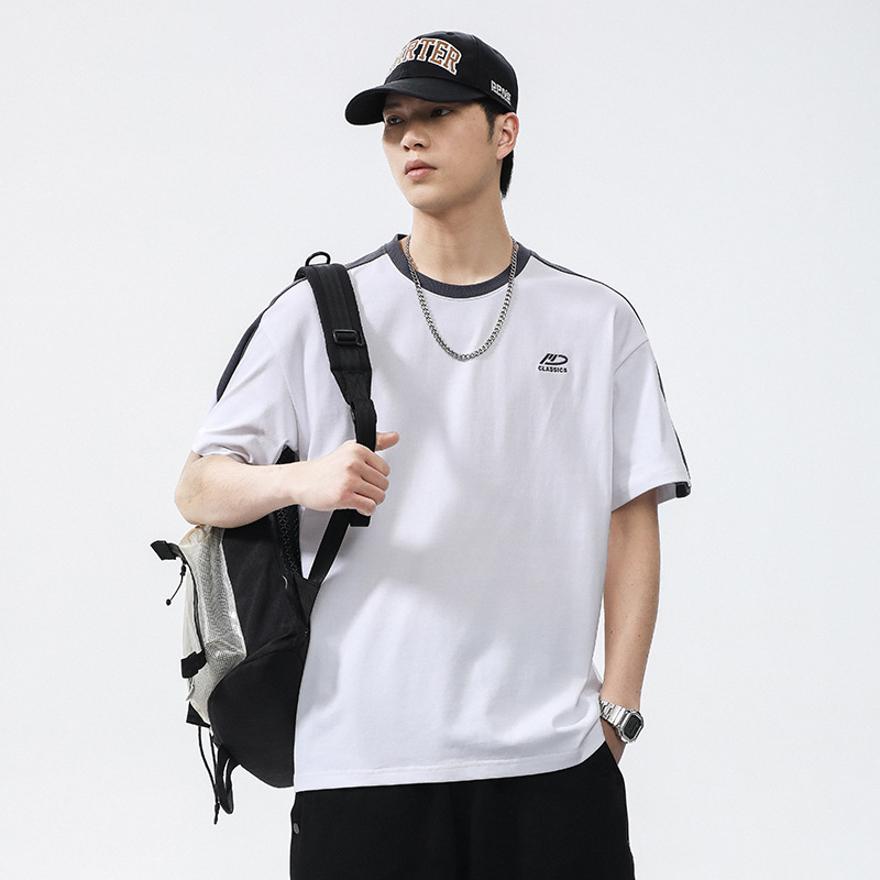 Men's summer new round neck short sleeved T-shirt men's simple loose patchwork top_voghion.com