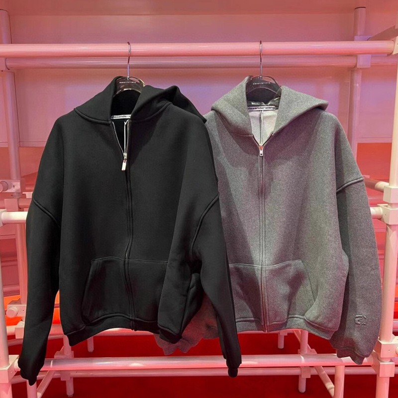 Aw Star's Same Style Loose Hooded Zipper Pure Color Sweatshirt Jacket Long-Sleeved Flying Sleeve Logo Cotton Jacket