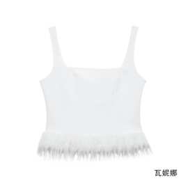 速卖通跨境货源外贸批发秋冬新款欧美风纯色羽饰弹力修身吊带上衣