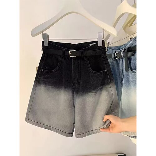 2025 summer new high-waist straight denim shorts, women's European goods, retro light blue casual five-quarter pants, mid-pants