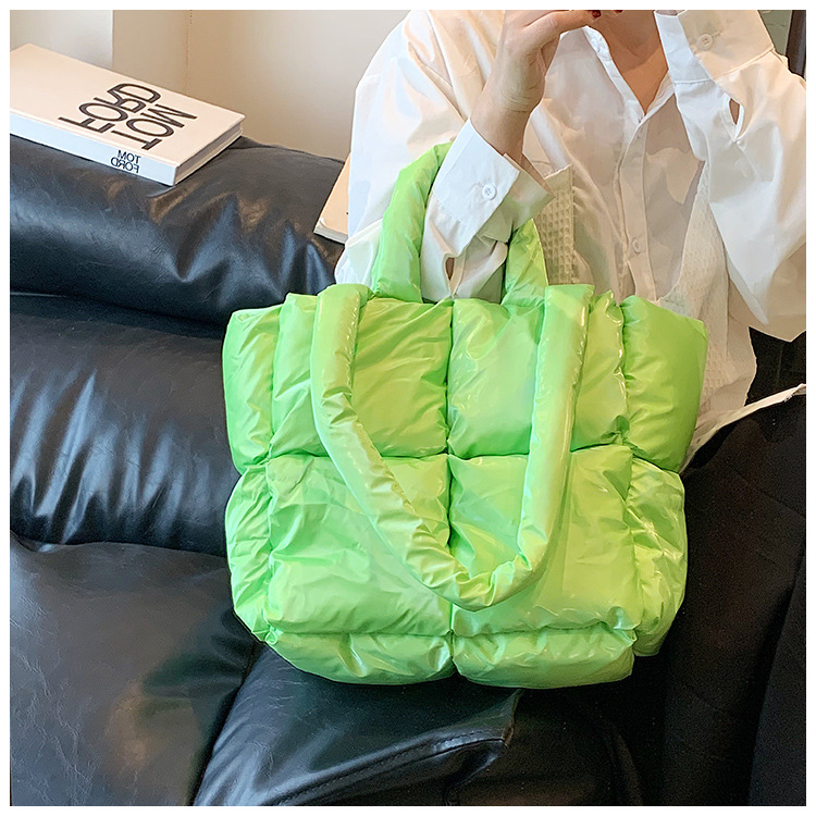 Down Bag Women Fashion Large Capacity Tote Bag High grade Shiny Handbag Simple Checkered Cotton Bag Shoulder Bag_voghion.com