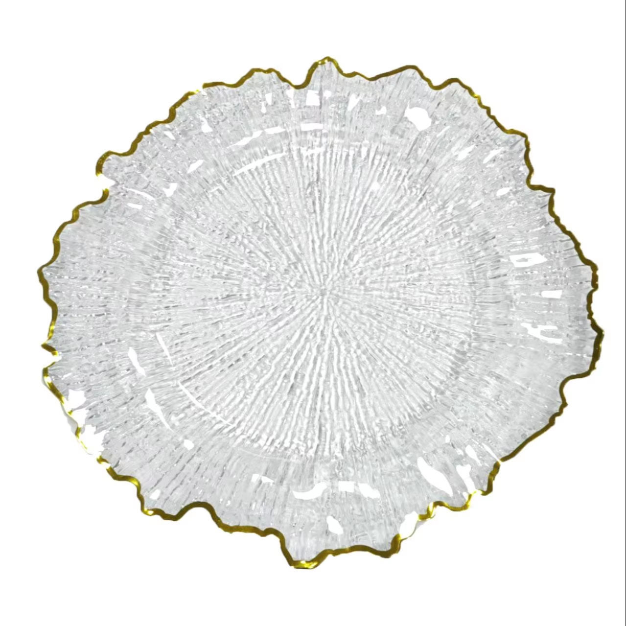 Nuevo diseño de decoración de mesa de boda plástico transparente cargador de borde irregular placa de melamina transparente redonda