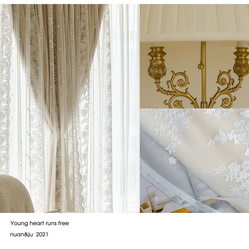 Francés encaje cortina dormitorio sala de estar completo sombreado red chica roja ins estilo de doble capa hilo de tela integrada cortina al por mayor