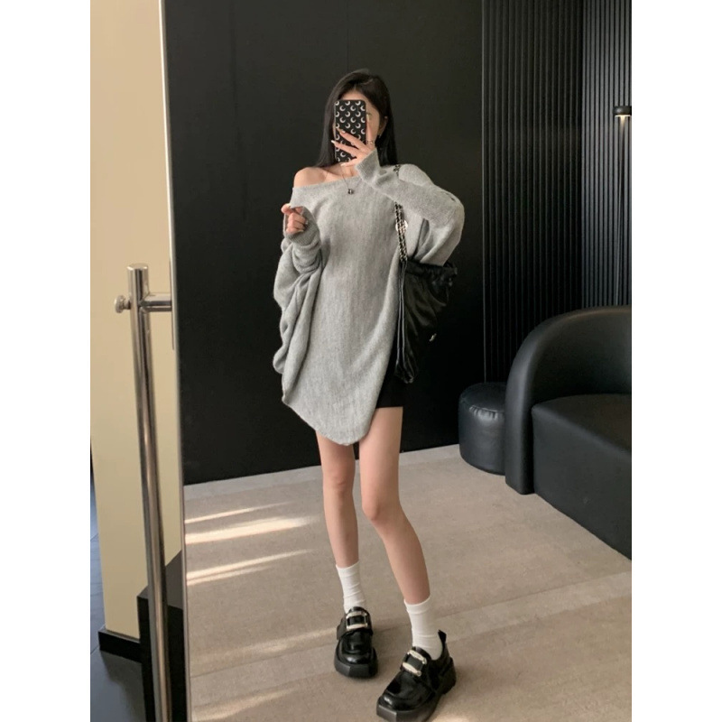 慵懒风领针织衫毛衣外套2025秋冬新款不规则设计感蝙蝠袖女上衣|undefined