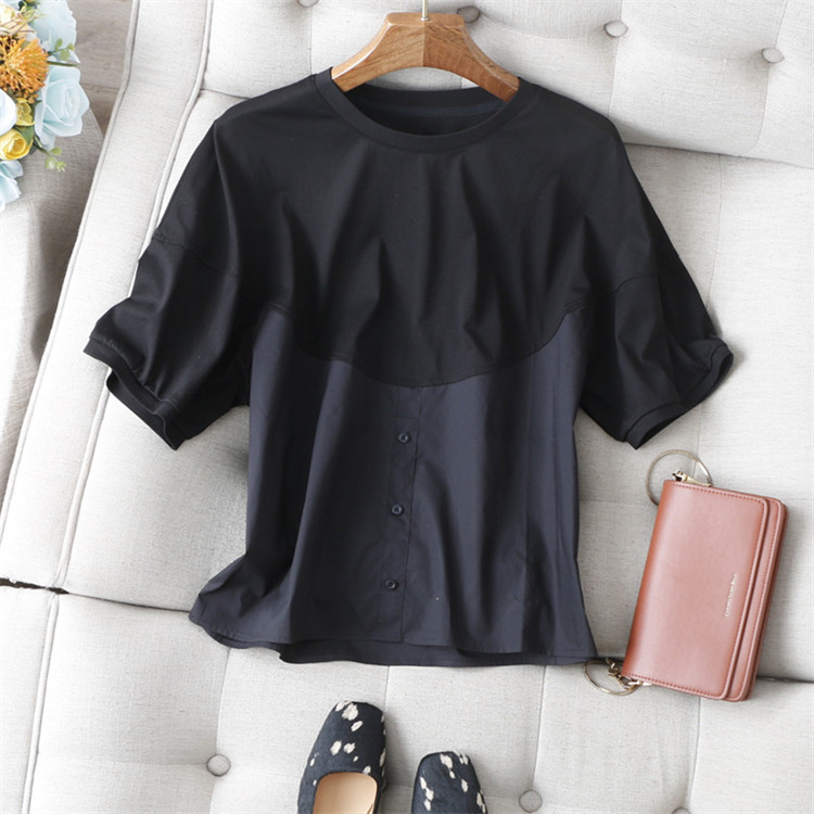 S11 Non-Returnable and Non-Exchangeable Round Neck Puff Sleeve T-Shirt Hem Splicing Shirt Fake Two-Piece Loose Casual Top for Women Summer