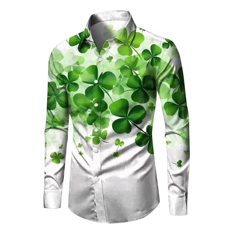 Men's Casual Long Sleeve Shirt Plaid Tops Green Clover Lucky Pattern 3D Printed Men's Shirt