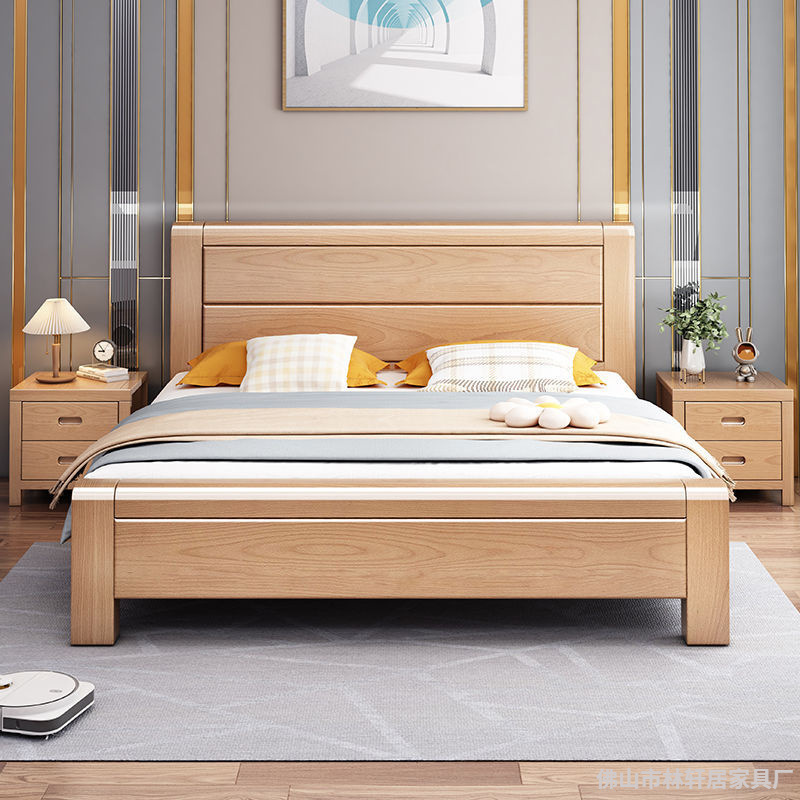 Factory Direct Sale of Solid Beech Wood Beds for Master Bedroom, Available in Double and Single Sizes, 1.8m X 2m Large Bed