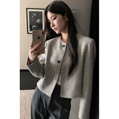 春秋新款复古圆领单排扣上衣女条纹宽松小香风外套女年轻简约时尚