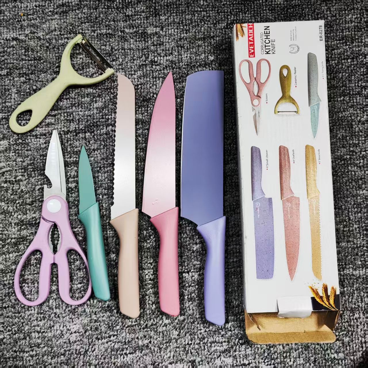 cubiertos de paja de trigo seis piezas con cubierta de cuchillo tijeras macarón color cocina cuchillo conjunto de cocinero de acero inoxidable 7