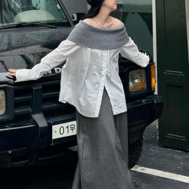 十三行早秋新款设计感一字肩条纹衬衫女法式宽松慵懒风长袖上衣|undefined