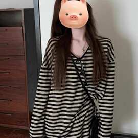 天丝罗纹美式复古撞色条纹防晒罩衫t恤女夏季宽松慵懒松弛感上衣