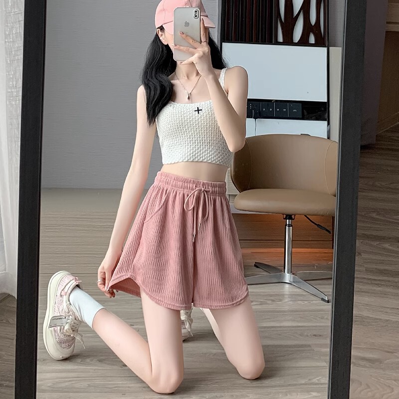 Pink Ice Silk Sports Shorts for Women, Summer Large Size Casual Wide-Leg Pants, Loose Slimming A-Line Hot Pants