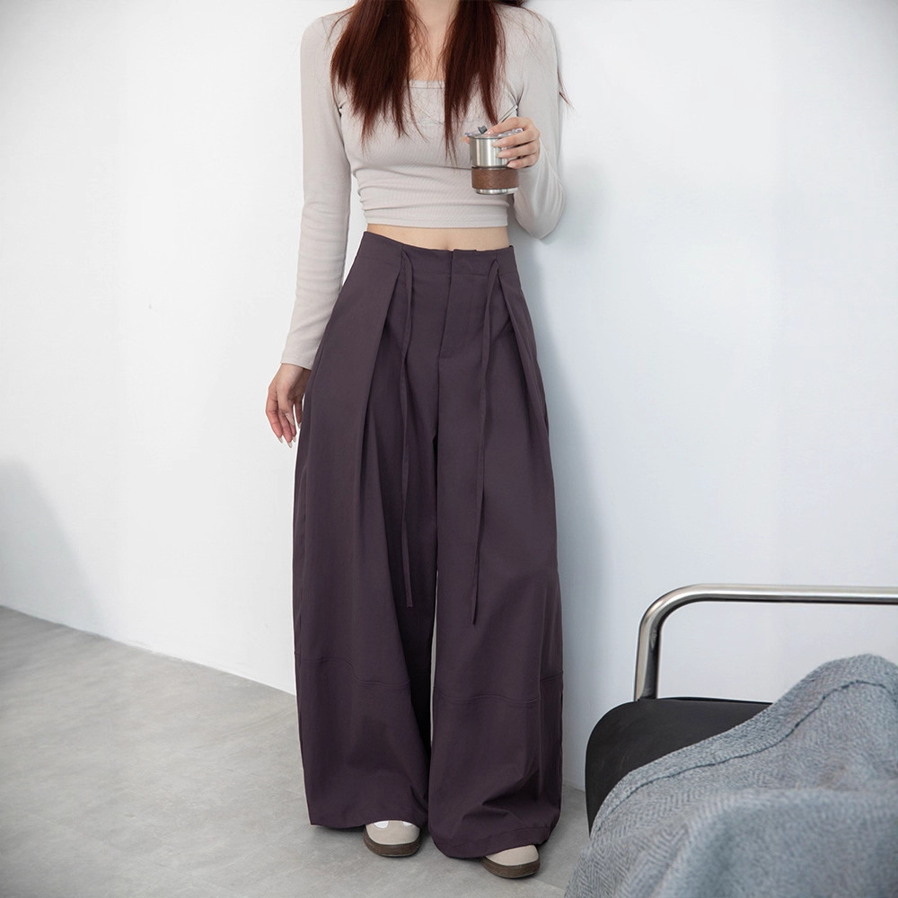 Lazy Style Wide-Leg Pants for Women, Spring High-Waisted Drapey Casual Pants, Loose Design with Pleats, Straight-Leg Floor-Length Pants