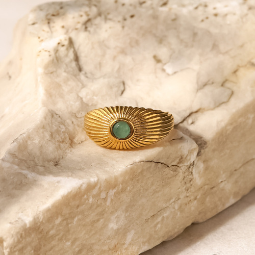 INS French style 18K gold-plated stainless steel natural green stone sun-shaped ring punk style ring for women