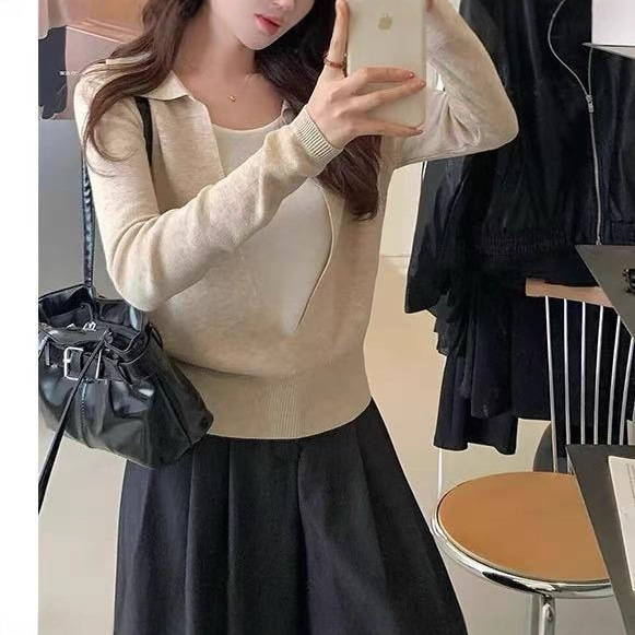 设计感撞色拼接长袖针织衫女秋冬新款时尚洋气减龄假两件别致上衣|undefined
