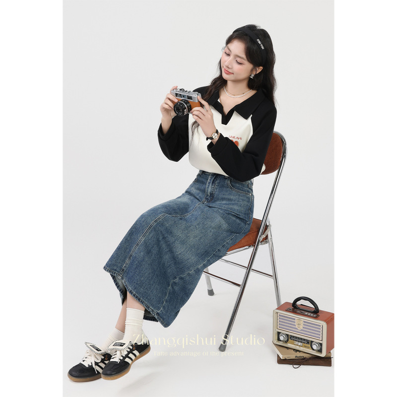 张汽水2025秋季新款黑色polo短款t恤卫衣女小众拼接撞色长袖上衣|undefined