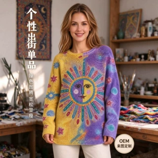 长袖圆领针织上衣 跨境复古印花毛衣女秋冬欧美风工厂货源直供