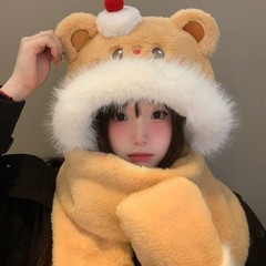 可爱蛋糕小熊帽子围巾一体女2024年冬季保暖防寒显脸小护耳雷锋帽