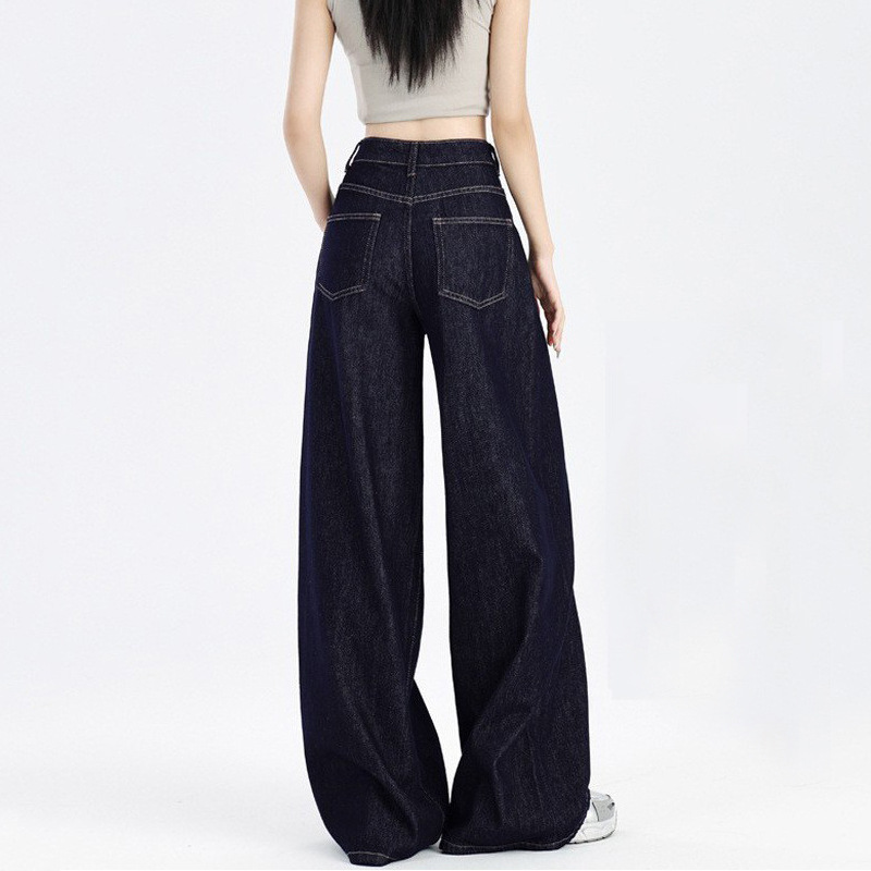 Dark Blue Wide-Leg Jeans for Women, Spring 2026 New Style, High-Waisted, Loose Fit, Drapey Denim Color, Cropped Tencel Pants