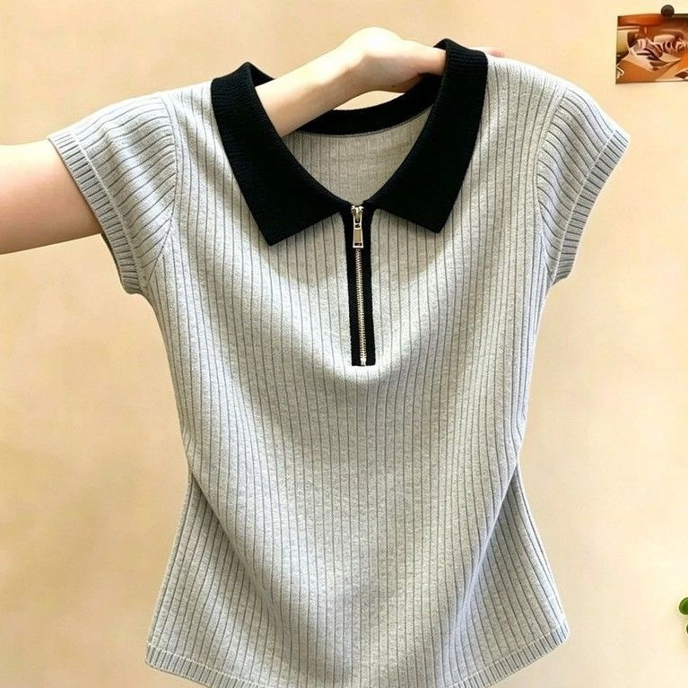Fashionable color-blocked zippered polo collar knit top for women, 2026 summer new lightweight and age-reducing top