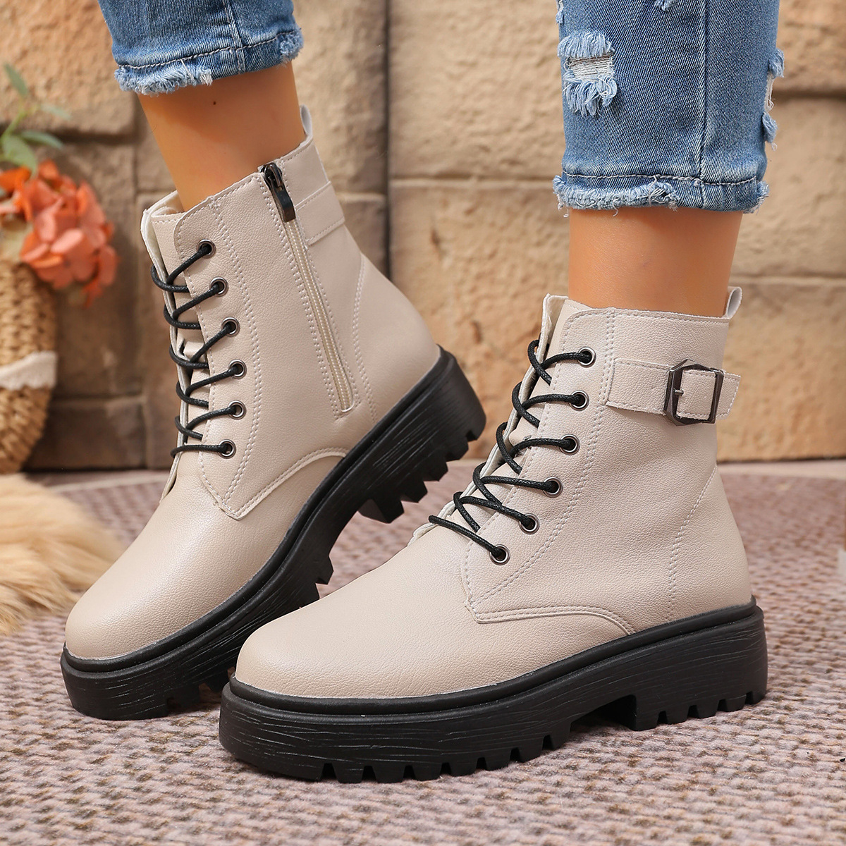 Women's Plus Size Round Toe Ankle Boots With Side Zipper Thick Soled Winter Martin Boots Belt Buckle New Style_voghion.com