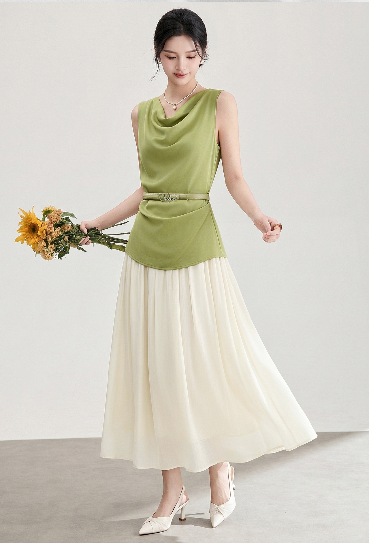 Đầm maxi nữ thắt eo cổ lắc giả hai lớp tay không mùa hè — màu đen chi tiết 2