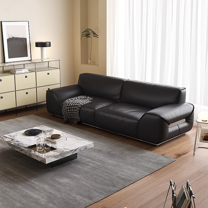 Sofá de cuero minimalista italiano, sofá de salón en línea recta, sofá de cuero completo, gran vaca negra, negro, nuevo estilo 2025