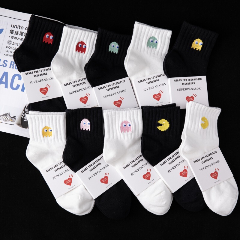 Cityboy Socks Men's White Socks Short Socks Cotton Ins Trendy Popular Sweat-Absorbent Sports Embroidered Elf Cartoon Mid-Tube Socks