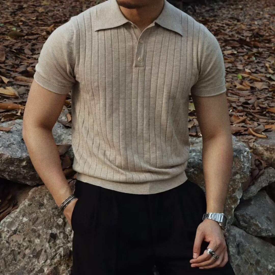 Camisa POLO, solapa, suéter de manga corta, camiseta de negocios británica a rayas para hombres, marea de seda de hielo de verano, comercio exterior transfronterizo al por mayor