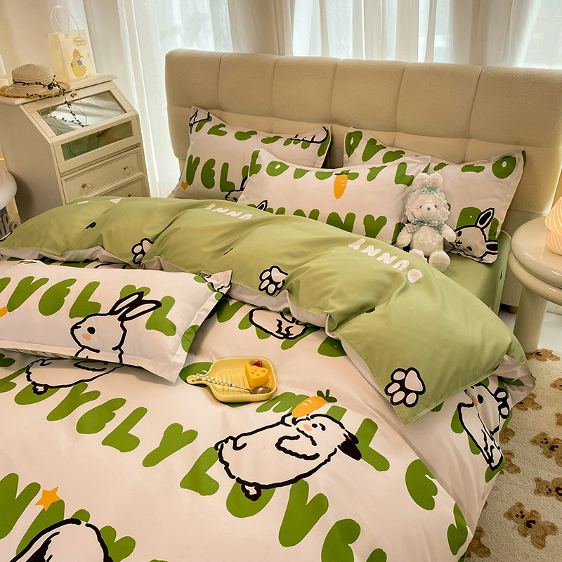 Cartoon wind bedding single female student dormitory three-piece quilt 4-piece skin-friendly wash cotton four-piece set