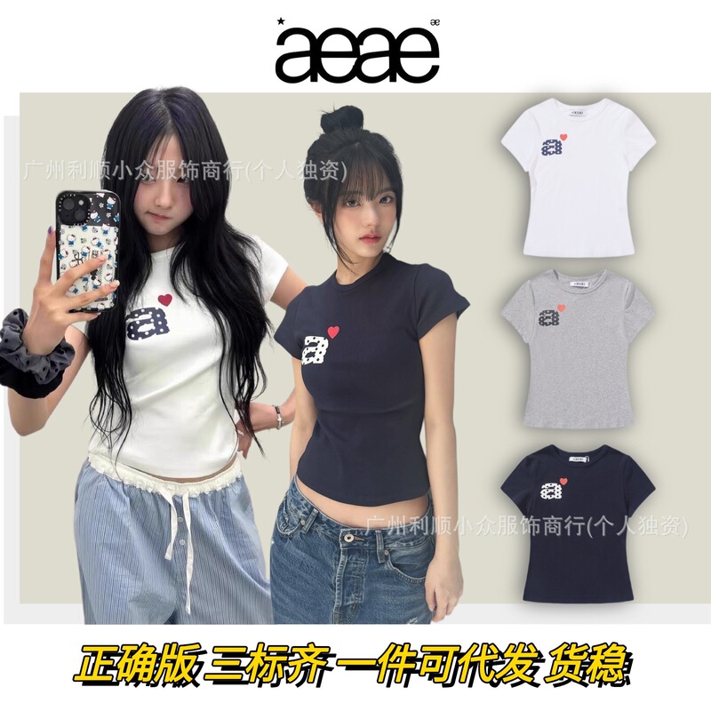 In-Stock Korean Trendy Brand Aeae Heart Short-Sleeve Women's Letter a Polka Dot Slim Fit Crop Top Summer
