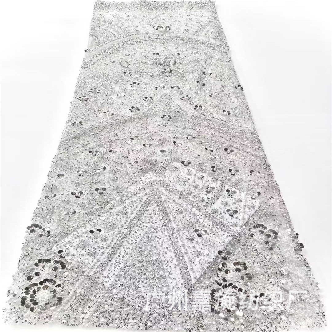 Tela de malla de poliéster resistente con lentejuelas de tubo bordadas, tela con lentejuelas de copo de nieve para vestido de novia, tela bordada con lentejuelas.