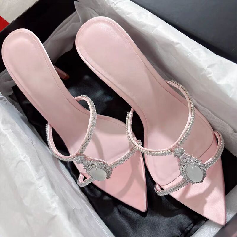 Spot Summer Gem Rhinestone One-Line High-Heeled Sandals Stiletto Heel Open Toe Pointed Toe Niche Elegant Slippers for Outer Wear