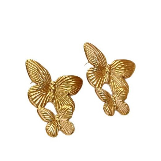 Pendientes de temperamento de nicho retro de moda europea y americana, acero inoxidable chapado en oro de 18 quilates, todo fósforo, tamaño exagerado, pendientes de mariposa, mujeres