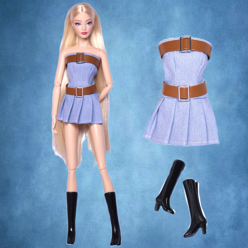 Wholesale 30cm Barbie Doll Clothes Cross-Border Foreign Trade Denim Dress Belt Boots Shoes Set Doll