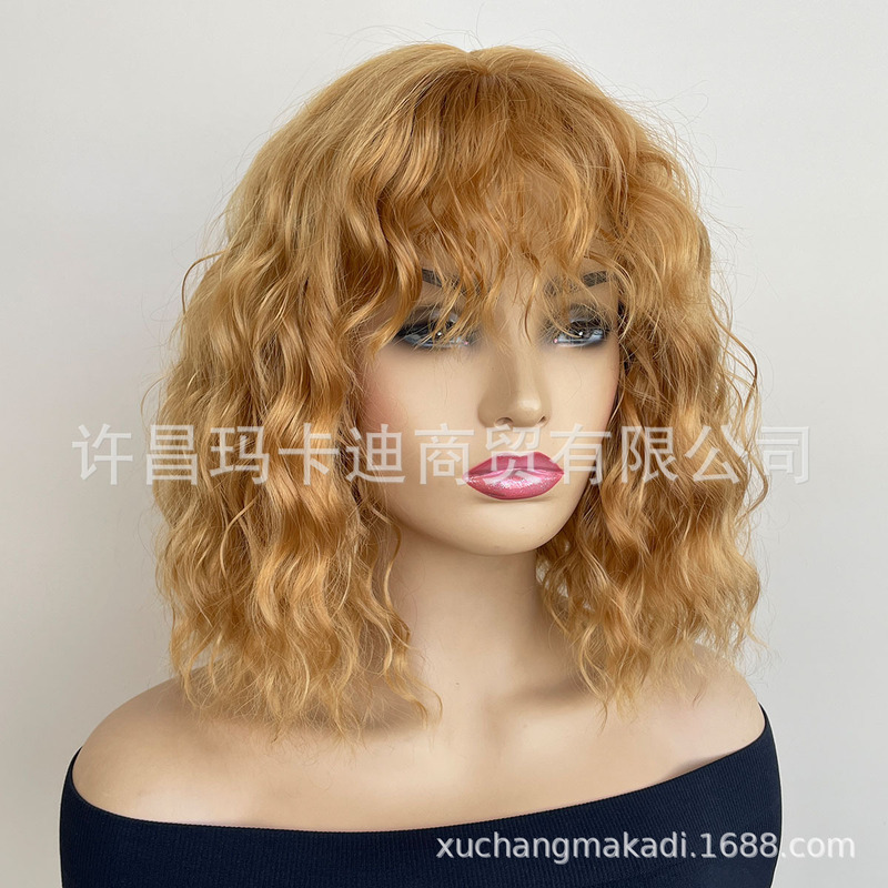 European and American foreign trade wig golden corn perm wig short curly hair AliExpress wig chemical fiber hair sleeve with bangs