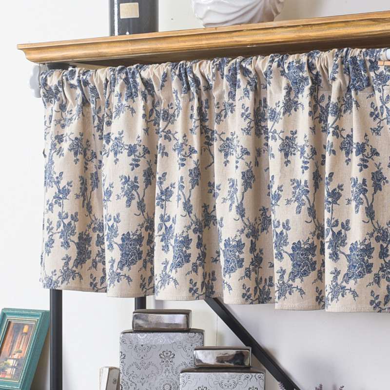 Le Xu Xi Korean blogger blue flower short curtain partition curtain Insta style Velcro half curtain self-adhesive foreign trade coffee curtain