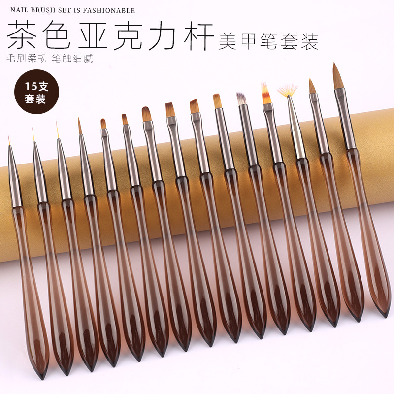 New Japanese nail art brush set 15 tea acrylic rod carved pen crystal pen flat head light therapy pen