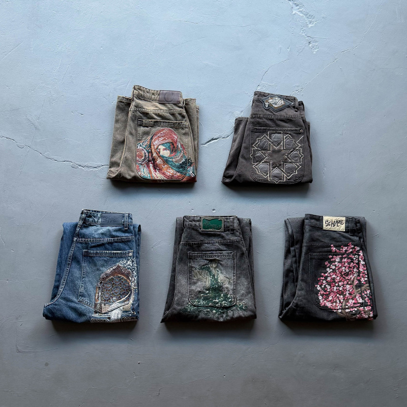 Derschutze Chrome Cool Style American Heavy Embroidery Statue Straight Jeans Men's Trendy Pants