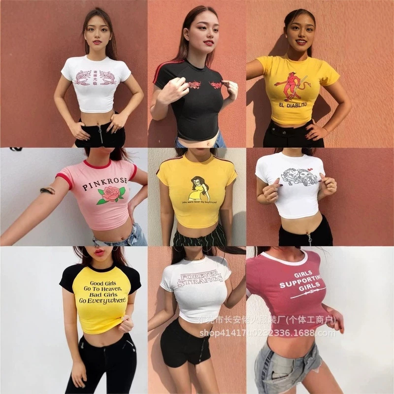Amazon's best-selling multi-style printed letter women's tight-fitting short T-shirt with round neck Amazon's best-selling multi-style printed letter women's tight-fitting short T-shirt with round neck