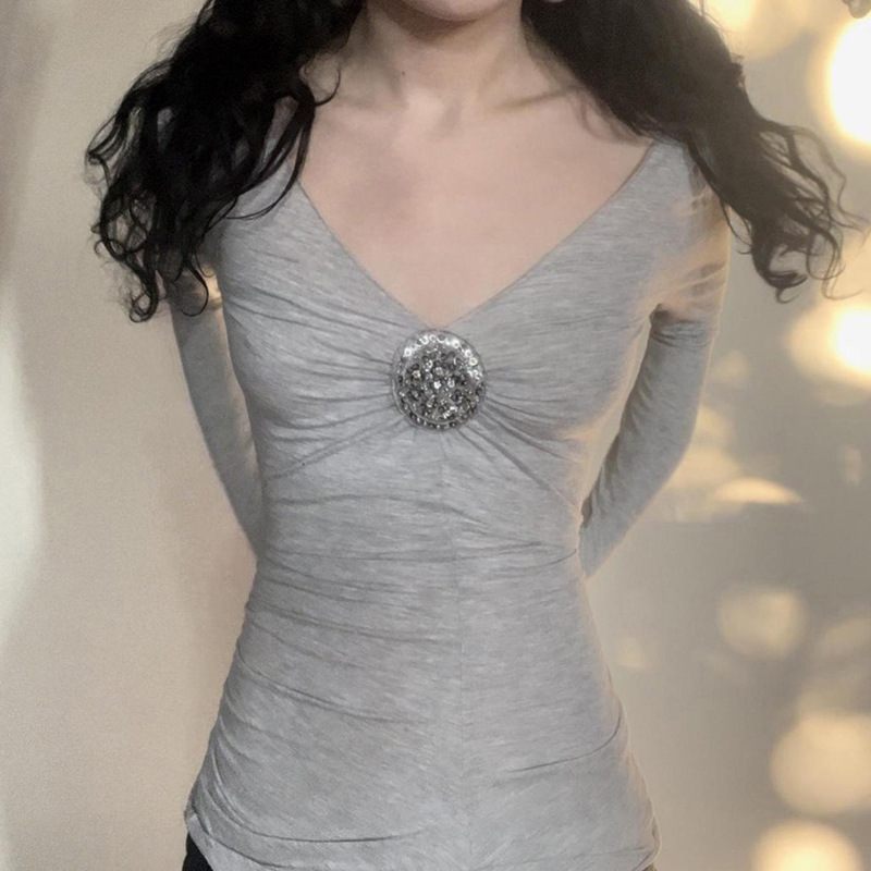 Deep V Plunge neck Special Interest Design Sequined Long Sleeved T shirt Sexy Young Slimming Bottoming Shirt Two Piece Sets