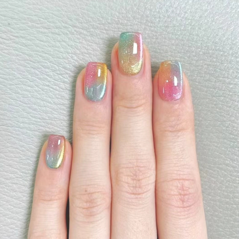 Maillard Cat Eye Wearable Nail Glass Beads Porcelain White Fake Nails Gradient Painted Nail Art Pieces Removable Finished Products Wholesale